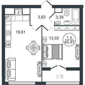 1-к квартира, вторичка, 43м2, 13/16 этаж