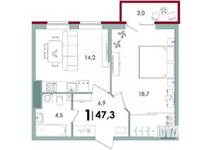 1-к квартира, вторичка, 47м2, 7/15 этаж
