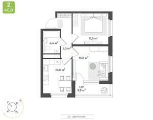 2-к квартира, строящийся дом, 47м2, 6/17 этаж