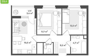 2-к квартира, вторичка, 60м2, 11/17 этаж