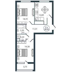 2-к квартира, вторичка, 59м2, 1/12 этаж
