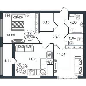 2-к квартира, вторичка, 61м2, 15/15 этаж