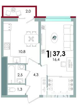 1-к квартира, вторичка, 37м2, 15/16 этаж