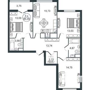 3-к квартира, вторичка, 85м2, 14/16 этаж