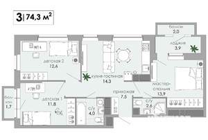 3-к квартира, вторичка, 74м2, 5/12 этаж