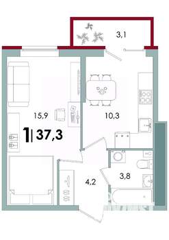 1-к квартира, вторичка, 37м2, 5/15 этаж