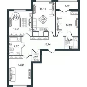 3-к квартира, вторичка, 85м2, 3/16 этаж