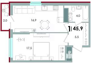 1-к квартира, вторичка, 46м2, 12/16 этаж