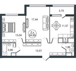 2-к квартира, вторичка, 65м2, 11/16 этаж
