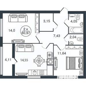 2-к квартира, вторичка, 61м2, 5/15 этаж