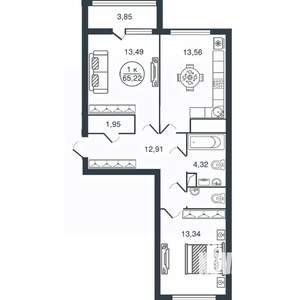 2-к квартира, вторичка, 65м2, 7/16 этаж