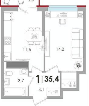 1-к квартира, вторичка, 35м2, 15/16 этаж
