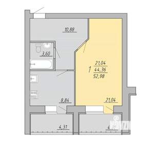 1-к квартира, строящийся дом, 53м2, 7/9 этаж