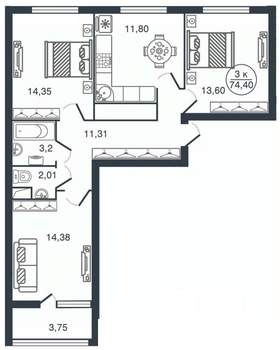 3-к квартира, сданный дом, 74м2, 11/16 этаж