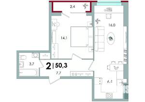 2-к квартира, вторичка, 50м2, 6/16 этаж