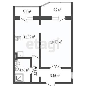 1-к квартира, вторичка, 53м2, 4/16 этаж