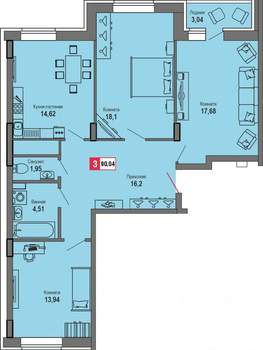 3-к квартира, строящийся дом, 90м2, 15/24 этаж