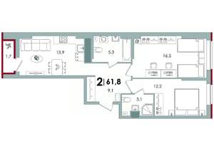 2-к квартира, вторичка, 62м2, 9/15 этаж