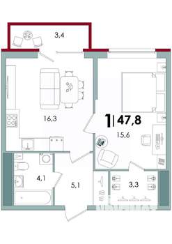 1-к квартира, вторичка, 48м2, 2/15 этаж