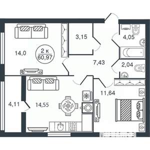2-к квартира, вторичка, 61м2, 7/15 этаж