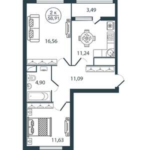 2-к квартира, вторичка, 59м2, 1/12 этаж