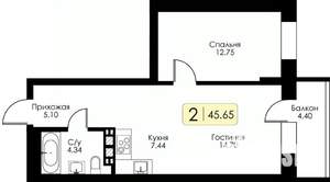 1-к квартира, вторичка, 46м2, 15/17 этаж