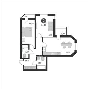 2-к квартира, вторичка, 74м2, 9/17 этаж