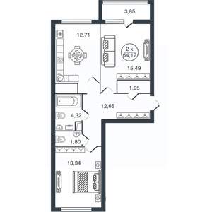 2-к квартира, вторичка, 64м2, 13/16 этаж