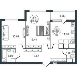 2-к квартира, вторичка, 65м2, 9/16 этаж