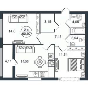 2-к квартира, вторичка, 61м2, 2/15 этаж