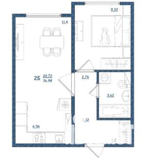 1-к квартира, сданный дом, 37м2, 9/15 этаж