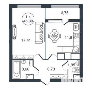 1-к квартира, вторичка, 45м2, 4/16 этаж