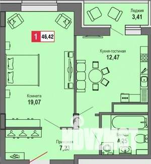 1-к квартира, строящийся дом, 46м2, 6/22 этаж