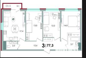 3-к квартира, вторичка, 77м2, 14/16 этаж