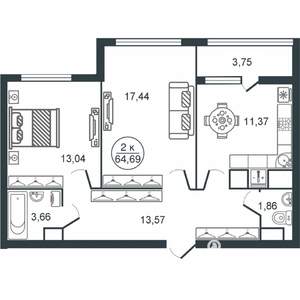 2-к квартира, вторичка, 65м2, 13/16 этаж