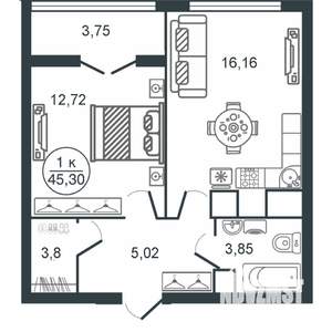 1-к квартира, вторичка, 45м2, 9/16 этаж