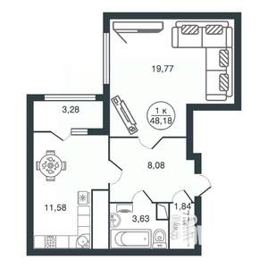 1-к квартира, сданный дом, 48м2, 11/16 этаж