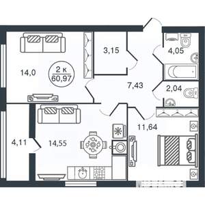 2-к квартира, вторичка, 61м2, 8/15 этаж