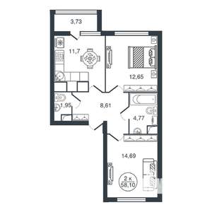 2-к квартира, вторичка, 58м2, 2/16 этаж