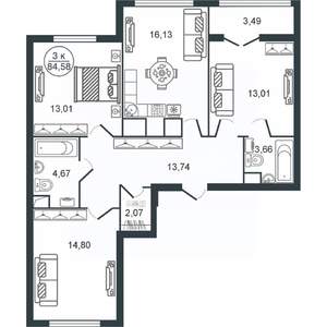 3-к квартира, вторичка, 85м2, 2/16 этаж