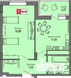 1-к квартира, строящийся дом, 46м2, 18/22 этаж