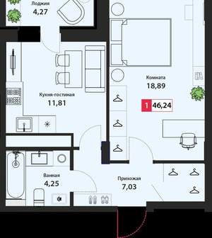 1-к квартира, сданный дом, 46м2, 20/22 этаж