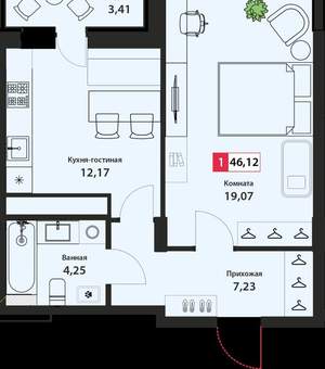 1-к квартира, сданный дом, 46м2, 16/22 этаж