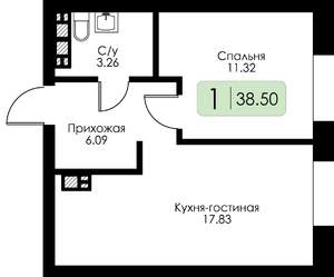 1-к квартира, строящийся дом, 39м2, 2/4 этаж