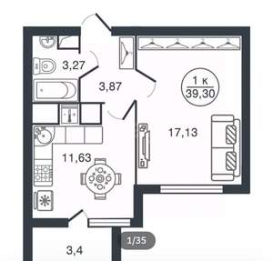 1-к квартира, вторичка, 39м2, 8/17 этаж