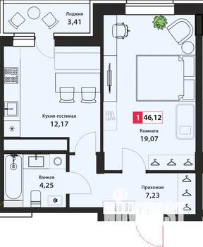 1-к квартира, строящийся дом, 46м2, 21/22 этаж