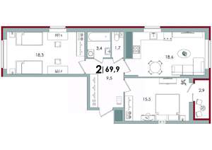 2-к квартира, вторичка, 70м2, 7/15 этаж