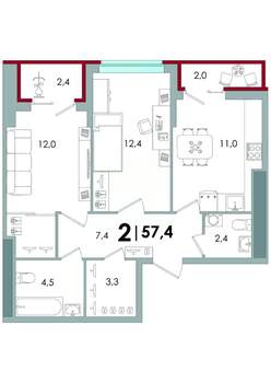 2-к квартира, вторичка, 57м2, 9/16 этаж