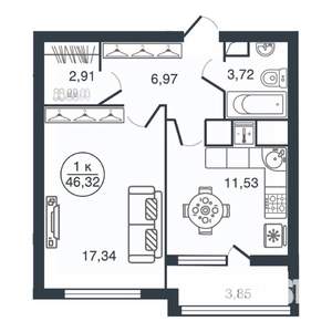 1-к квартира, вторичка, 46м2, 11/16 этаж