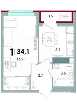 1-к квартира, вторичка, 34м2, 6/16 этаж